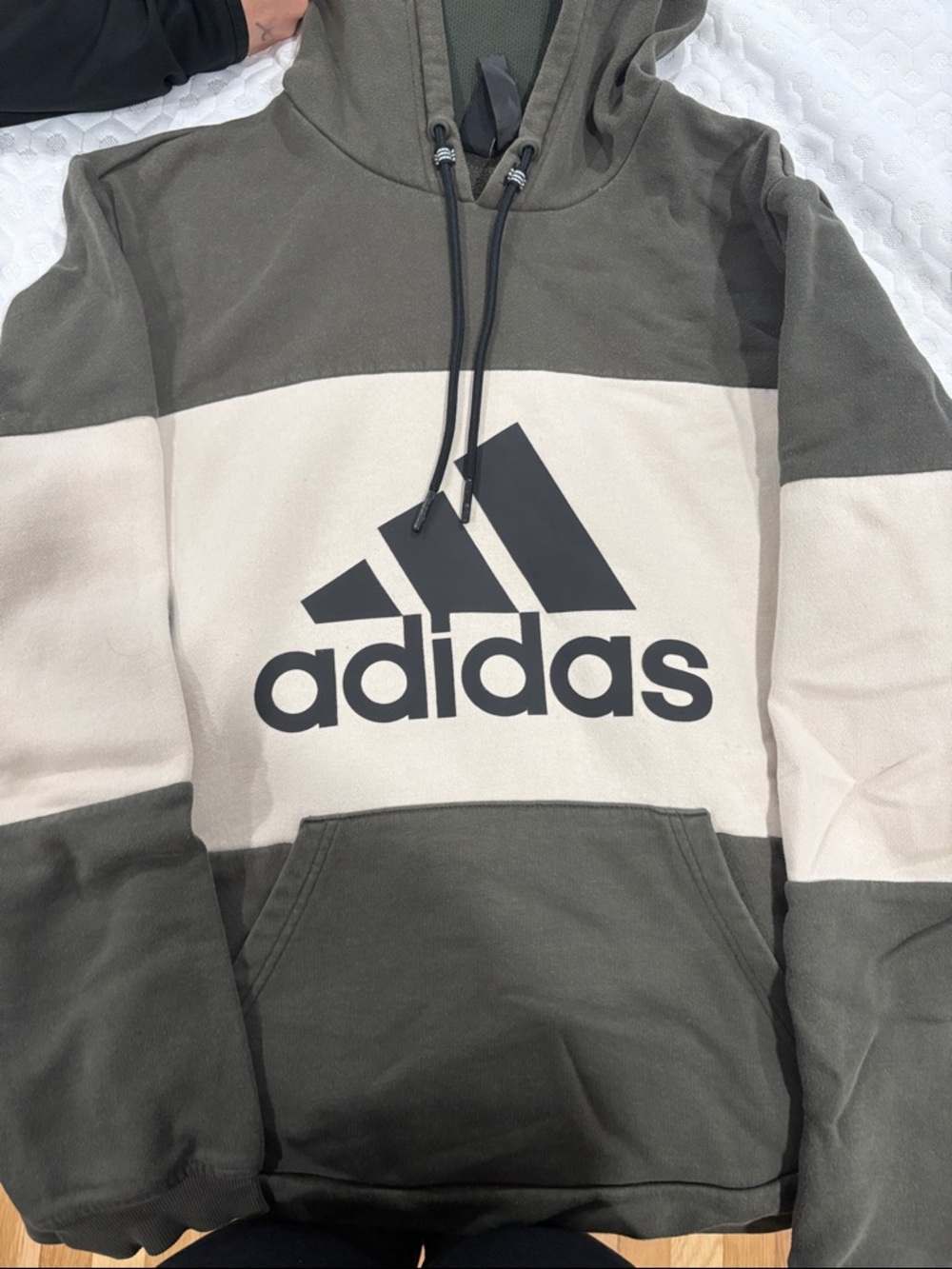 adidas Olive Green and Cream Colorblock Pullover Hoodie